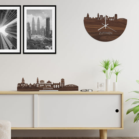 Skyline Klok Zutphen Noten houten cadeau wanddecoratie relatiegeschenk van WoodWideCities