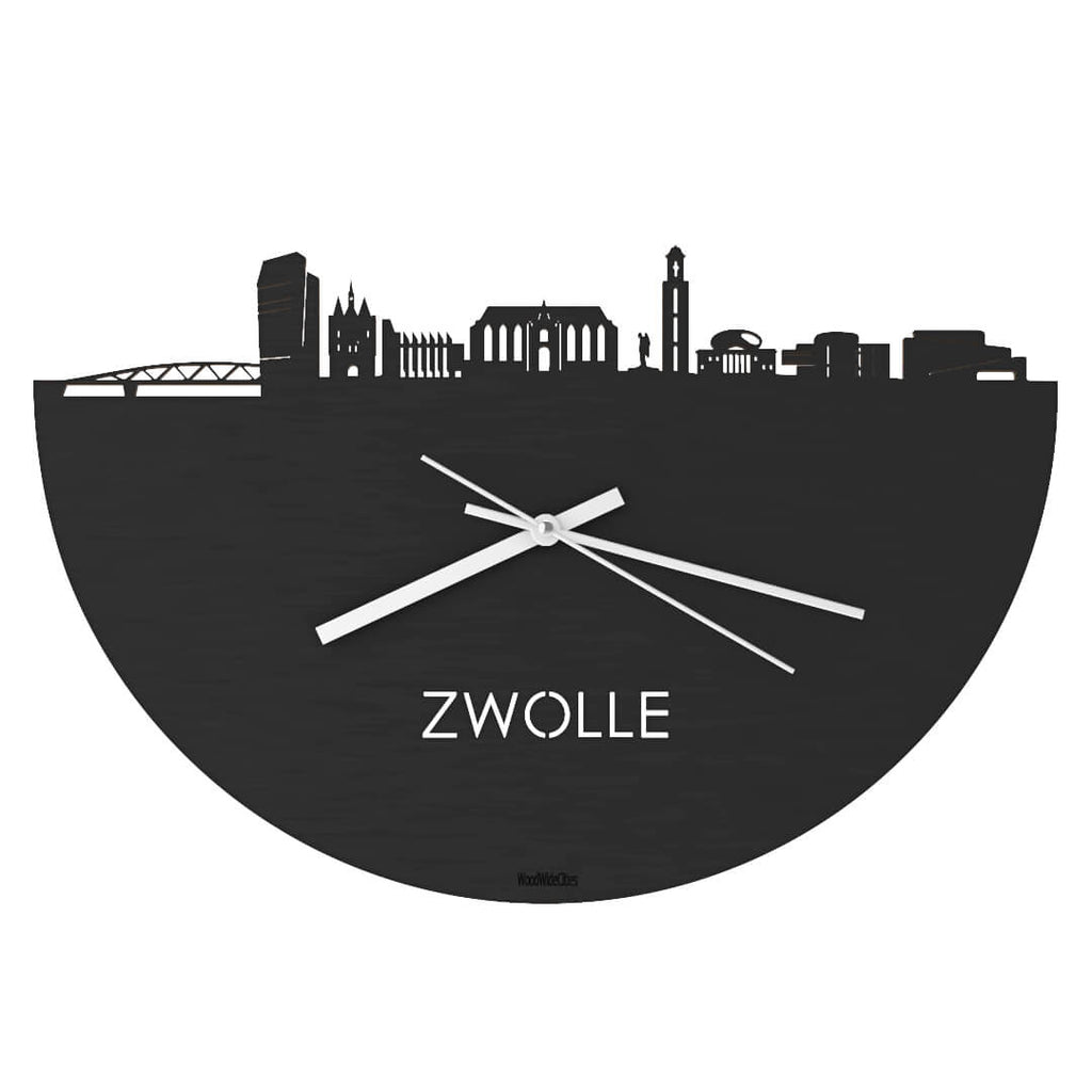 Skyline Klok Zwolle Black Zwart houten cadeau wanddecoratie relatiegeschenk van WoodWideCities