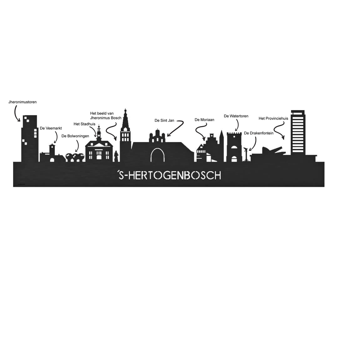 Skyline Klok 's-Hertogenbosch Zwart glanzend gerecycled kunststof cadeau wanddecoratie relatiegeschenk van WoodWideCities