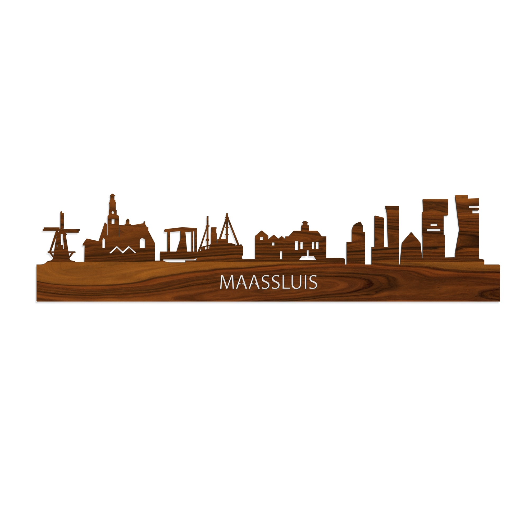 Skyline Maassluis Palissander houten cadeau decoratie relatiegeschenk van WoodWideCities