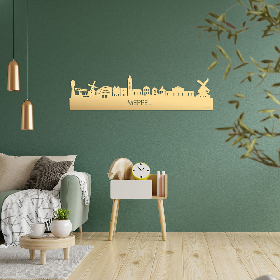 Skyline Meppel Metallic Goud gerecycled kunststof cadeau decoratie relatiegeschenk van WoodWideCities