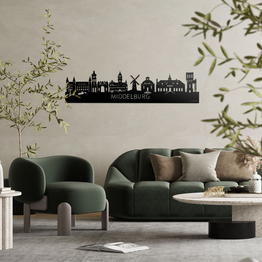 Skyline Middelburg Zwart glanzend gerecycled kunststof cadeau decoratie relatiegeschenk van WoodWideCities