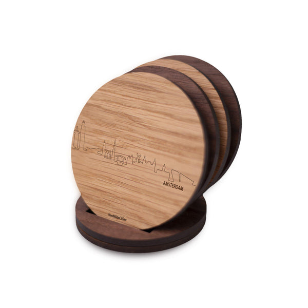 Skyline Onderzetters Amsterdam Eiken en noten houten cadeau decoratie relatiegeschenk van WoodWideCities