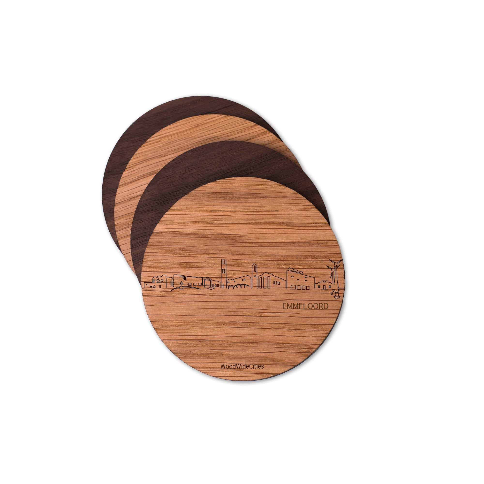Skyline Onderzetters Emmeloord Eiken en noten houten cadeau decoratie relatiegeschenk van WoodWideCities