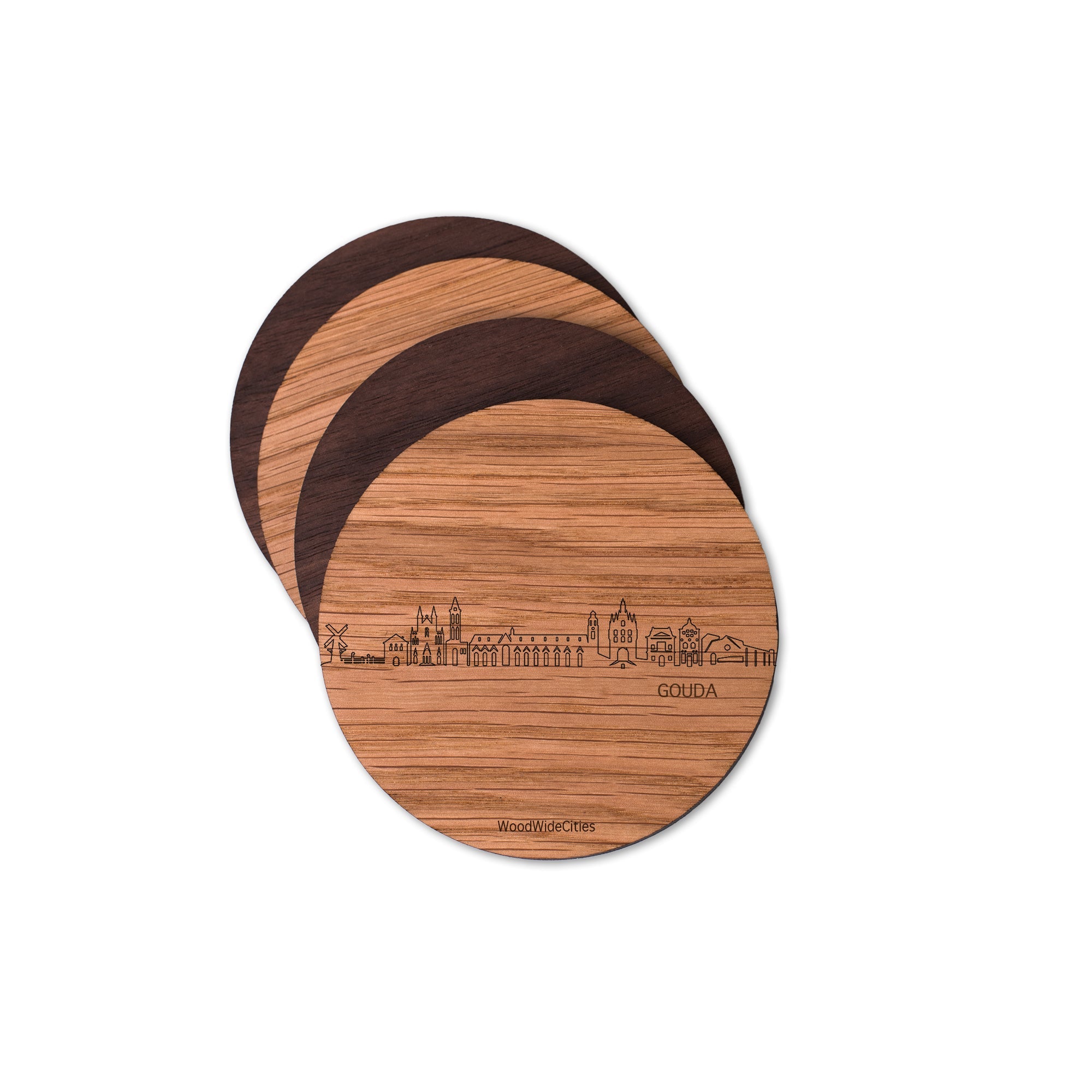 Skyline Onderzetters Gouda Eiken en noten houten cadeau decoratie relatiegeschenk van WoodWideCities