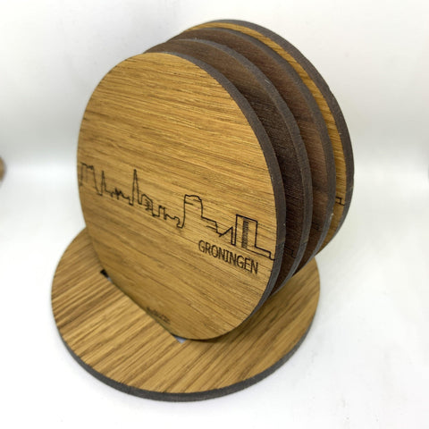 Skyline Onderzetters Groningen Eiken en noten houten cadeau decoratie relatiegeschenk van WoodWideCities