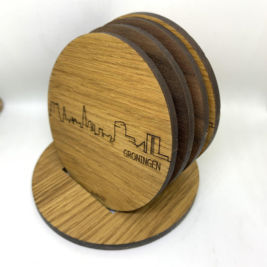 Skyline Onderzetters Groningen Eiken en noten houten cadeau decoratie relatiegeschenk van WoodWideCities