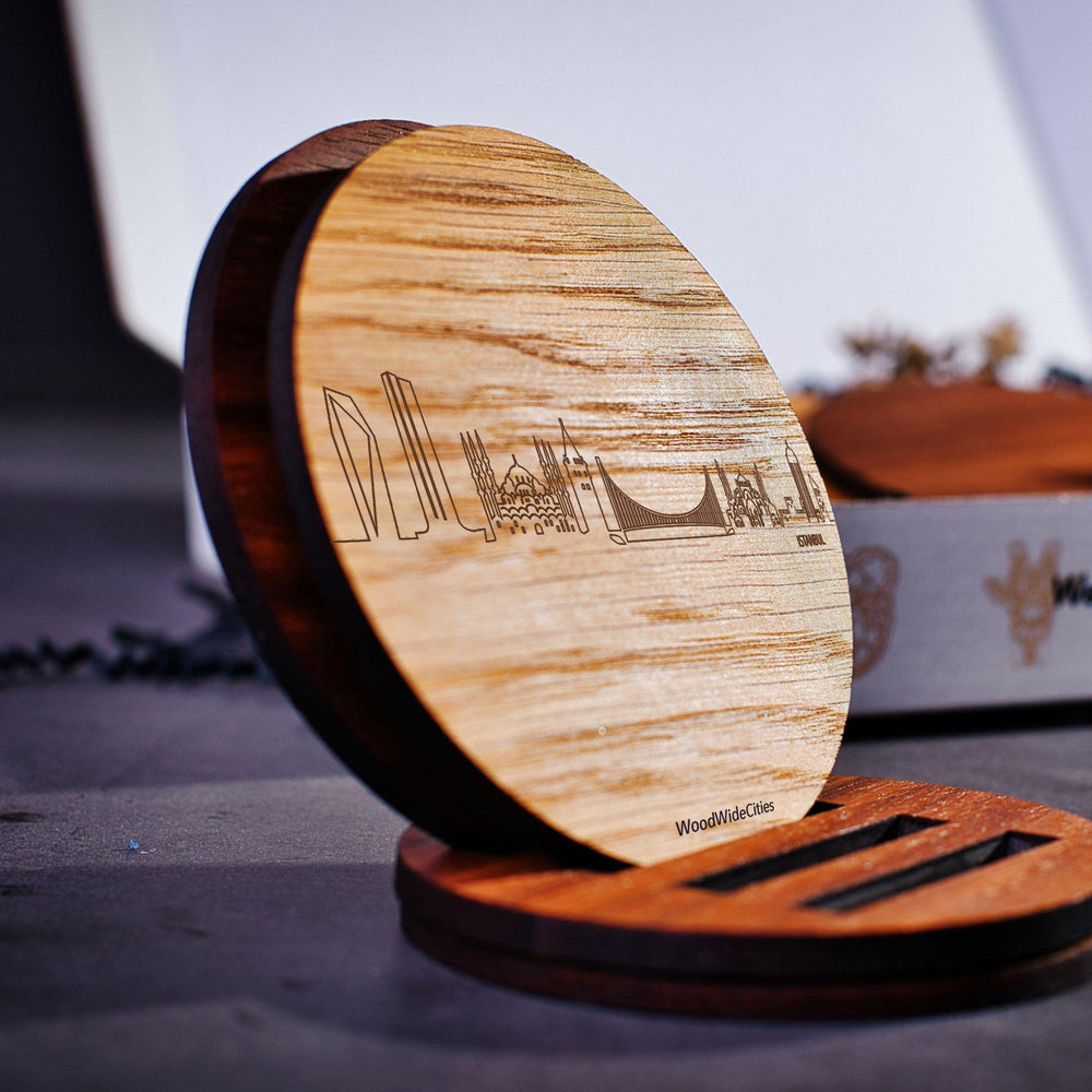 Skyline Onderzetters Istanbul Eiken en noten houten cadeau decoratie relatiegeschenk van WoodWideCities