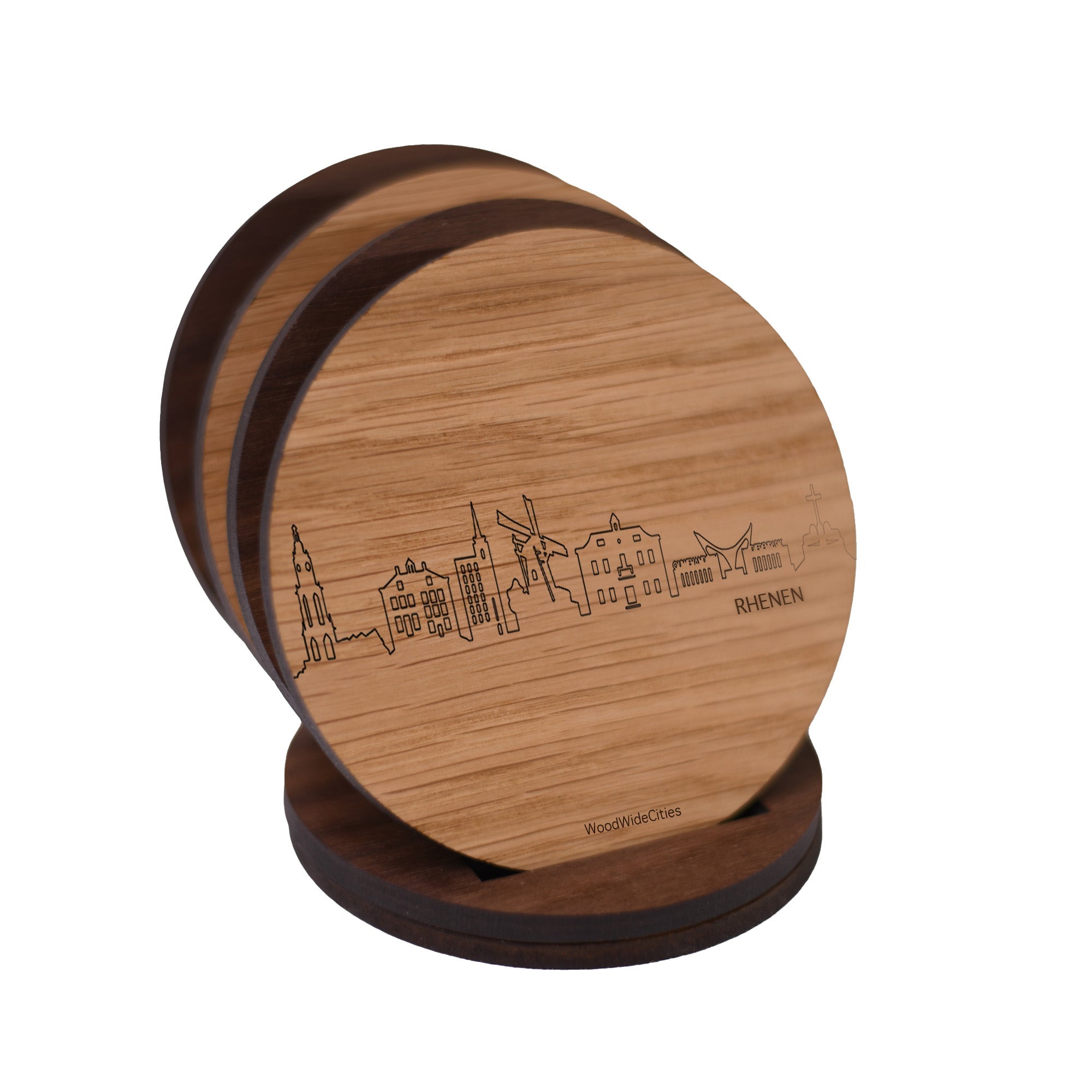 Skyline Onderzetters Rhenen Eiken en noten houten cadeau decoratie relatiegeschenk van WoodWideCities
