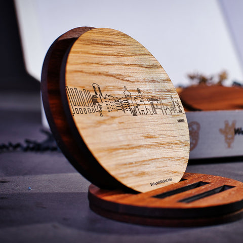 Skyline Onderzetters Vlissingen Eiken en noten houten cadeau decoratie relatiegeschenk van WoodWideCities
