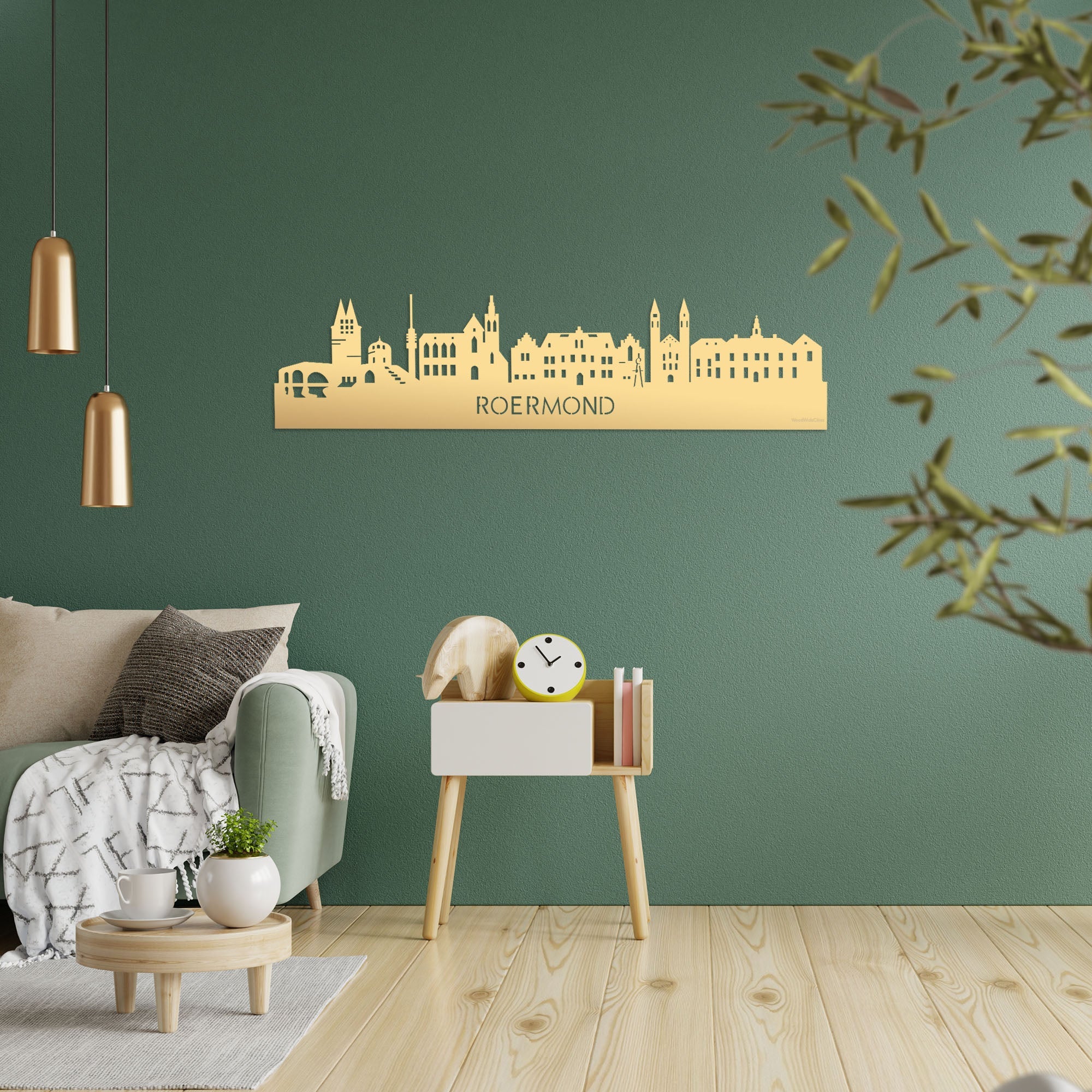 Skyline Roermond Metallic Goud gerecycled kunststof cadeau decoratie relatiegeschenk van WoodWideCities