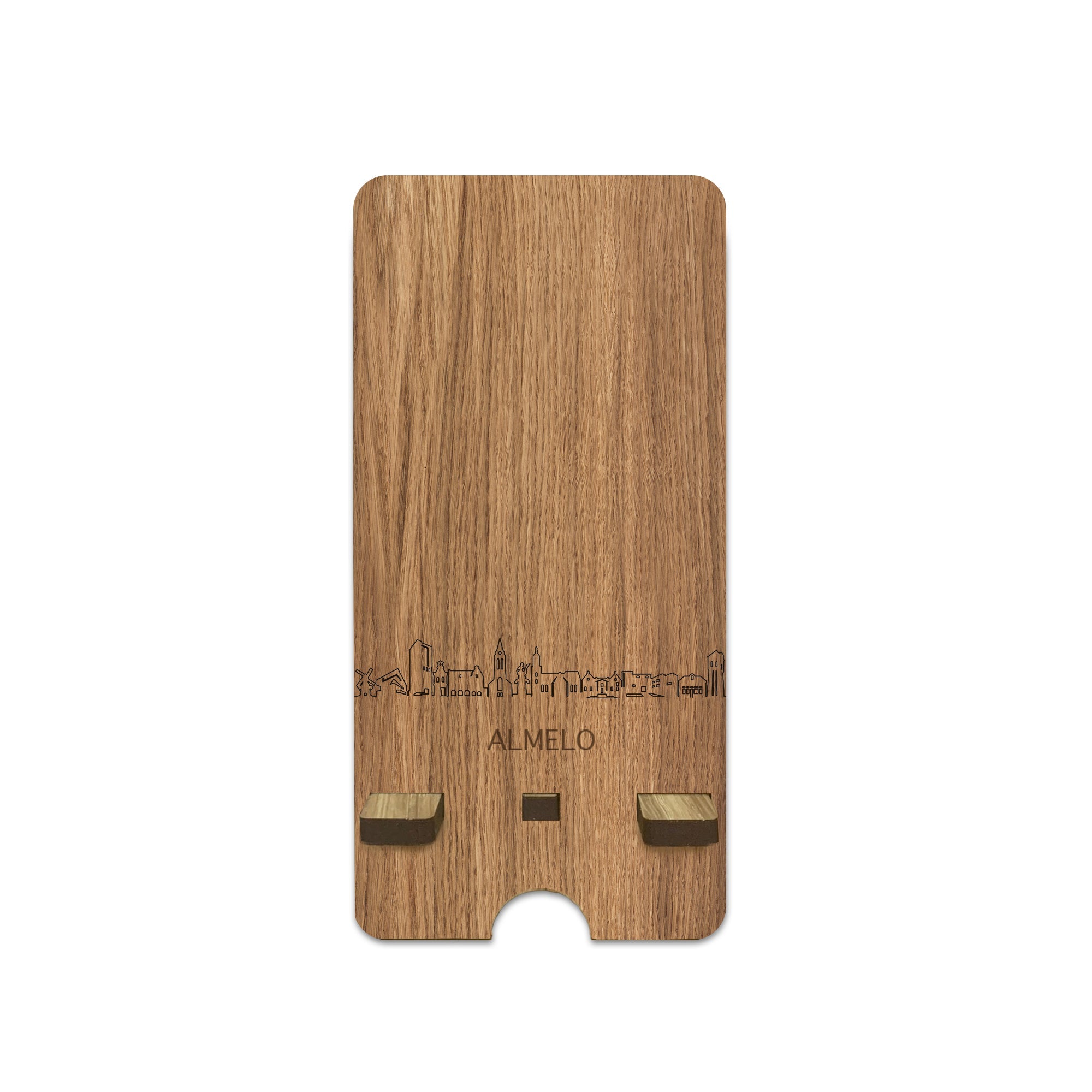 Skyline Telefoonhouder Almelo houten cadeau decoratie relatiegeschenk van WoodWideCities