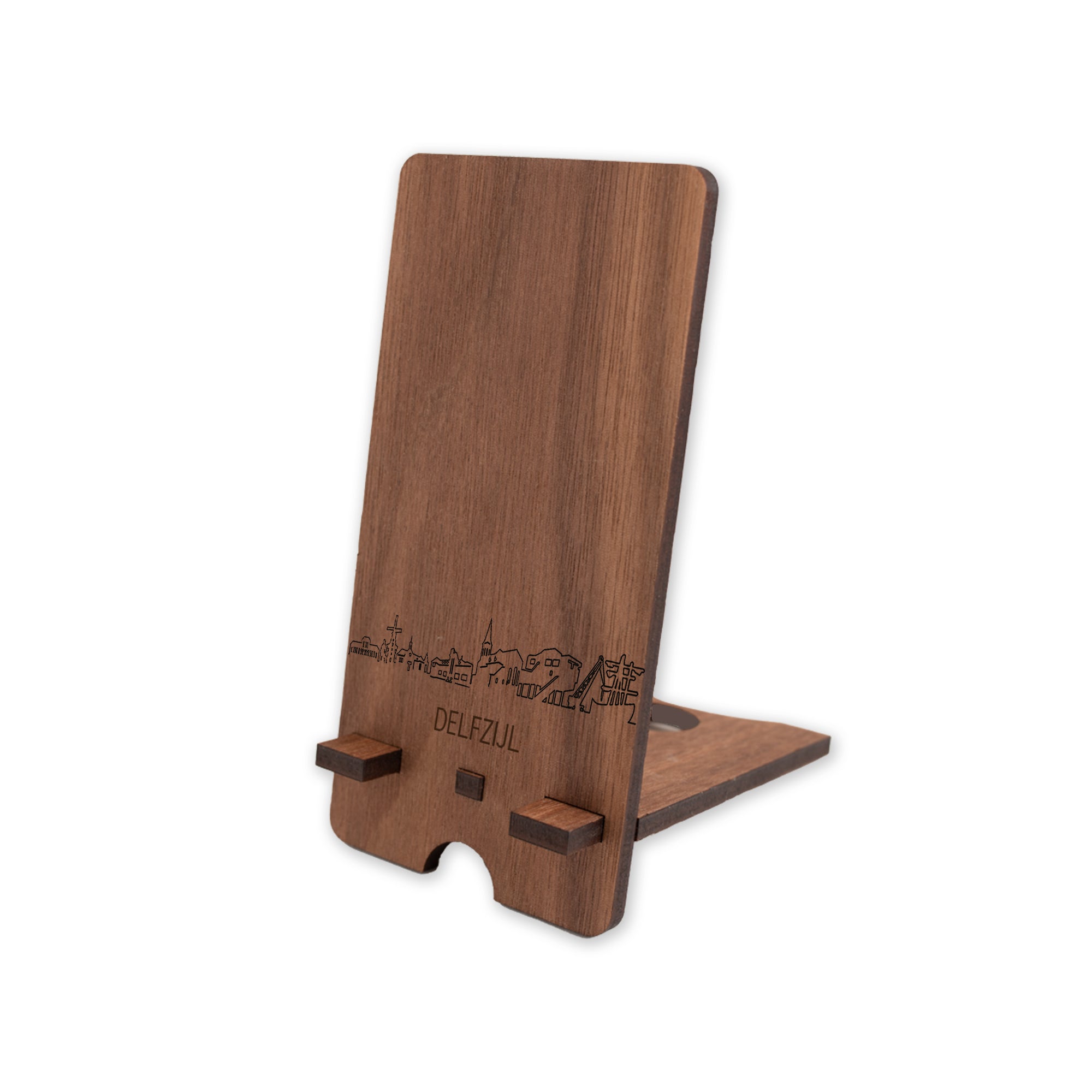 Skyline Telefoonhouder Delfzijl Noten houten cadeau decoratie relatiegeschenk van WoodWideCities