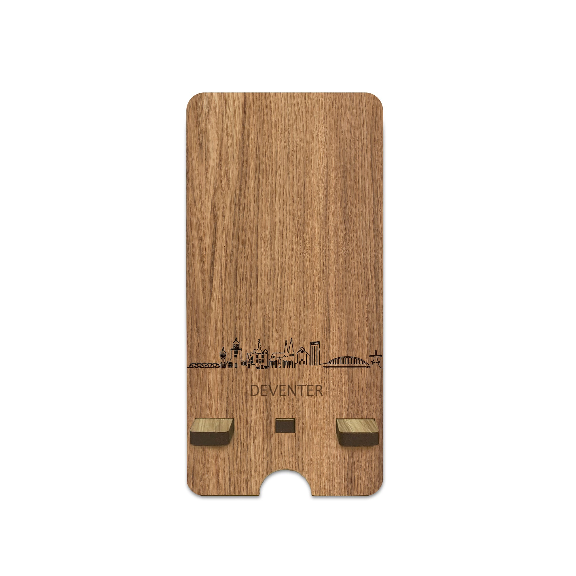 Skyline Telefoonhouder Deventer houten cadeau decoratie relatiegeschenk van WoodWideCities