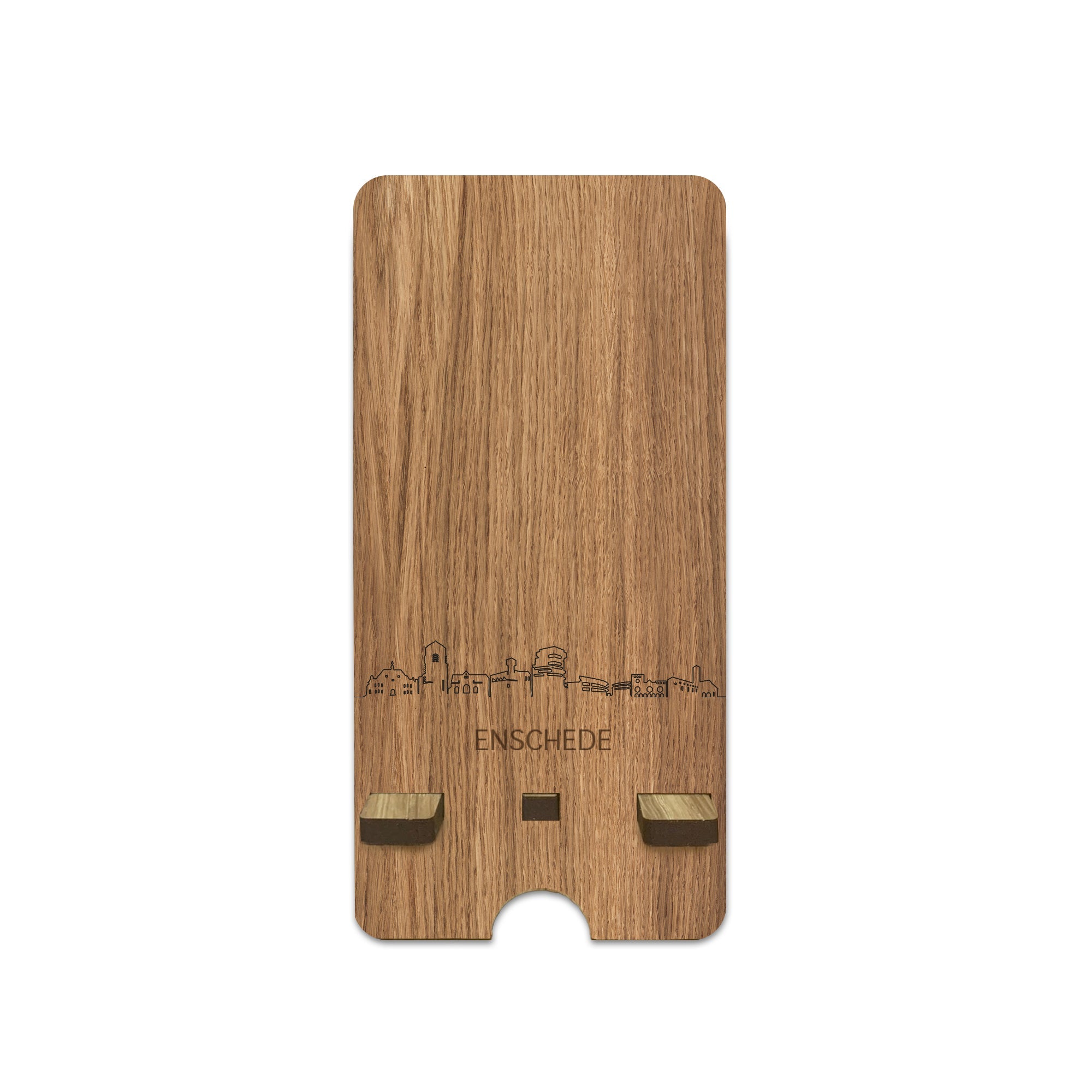 Skyline Telefoonhouder Enschede houten cadeau decoratie relatiegeschenk van WoodWideCities