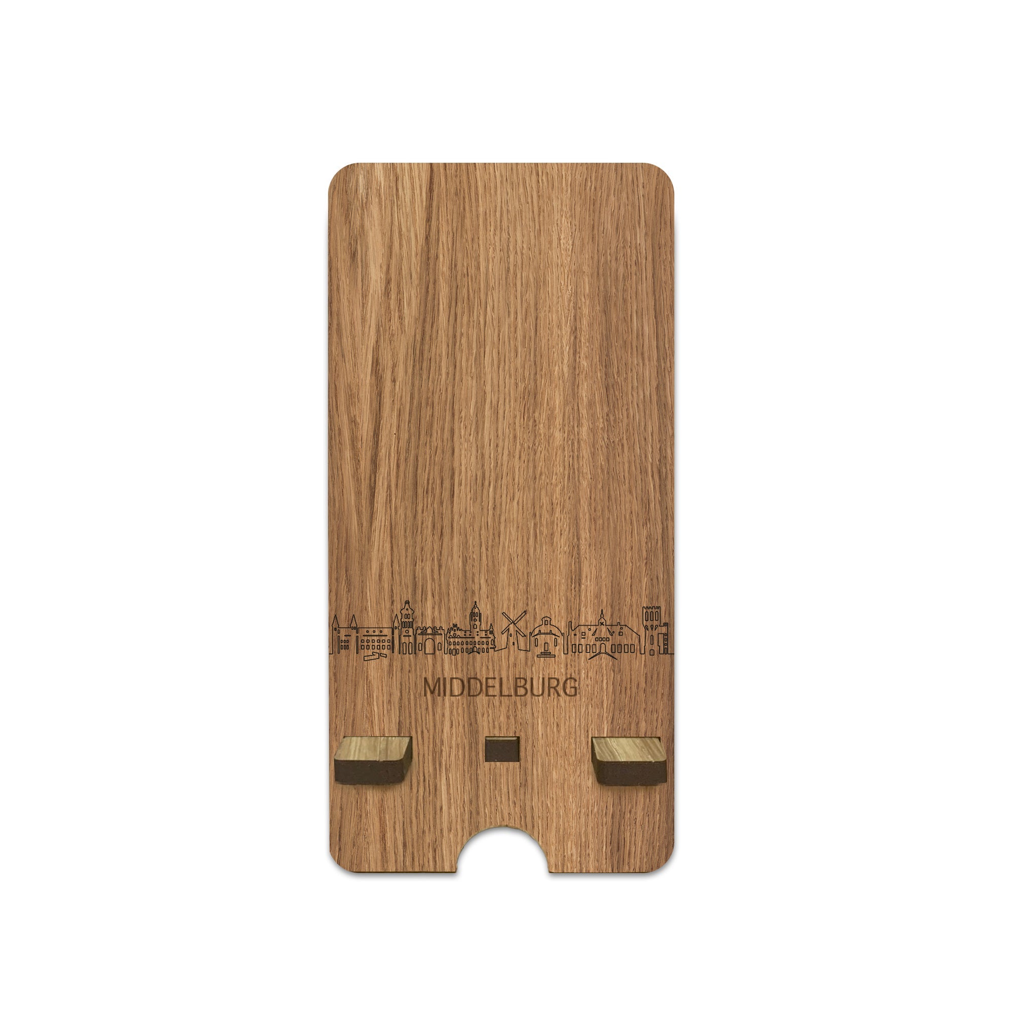 Skyline Telefoonhouder Middelburg houten cadeau decoratie relatiegeschenk van WoodWideCities