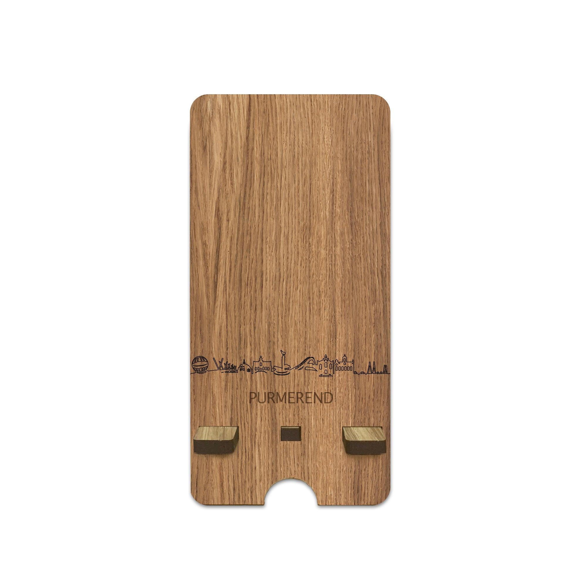 Skyline Telefoonhouder Purmerend houten cadeau decoratie relatiegeschenk van WoodWideCities