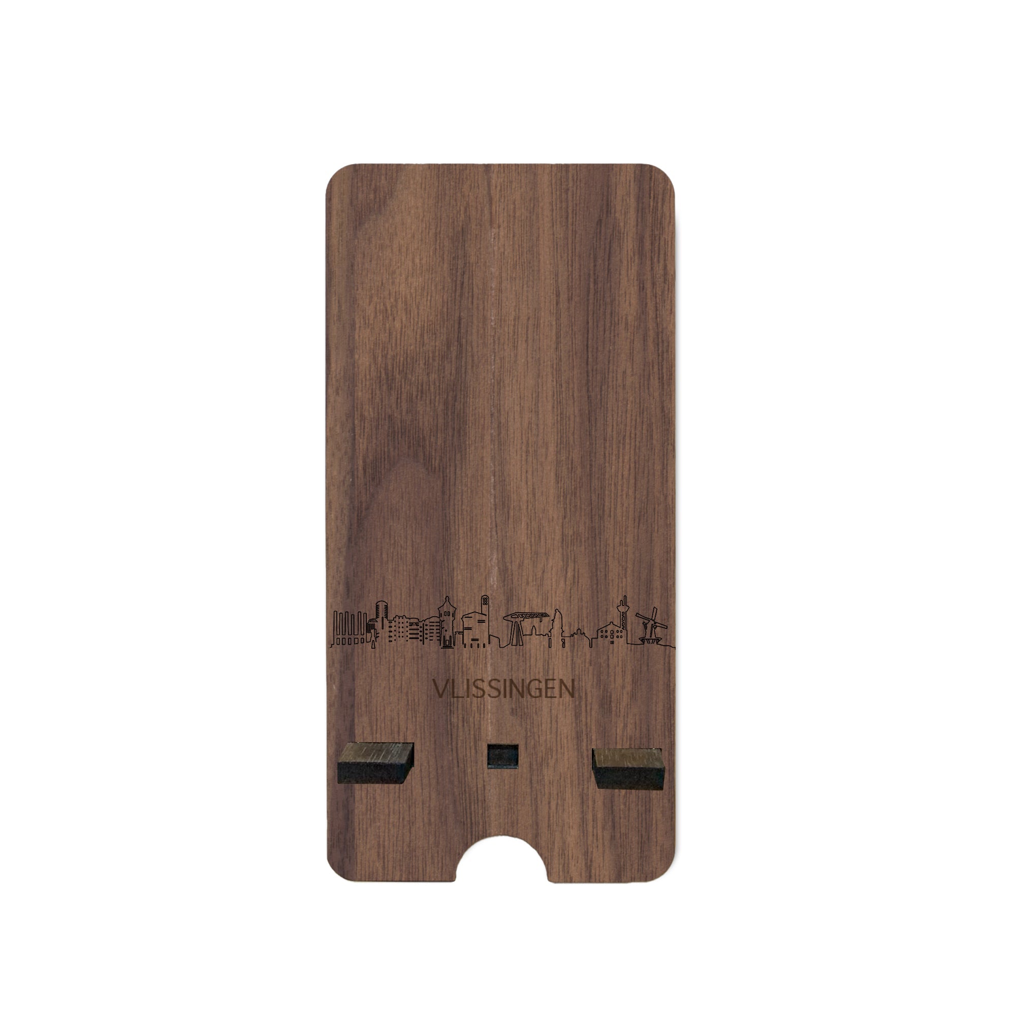 Skyline Telefoonhouder Vlissingen houten cadeau decoratie relatiegeschenk van WoodWideCities