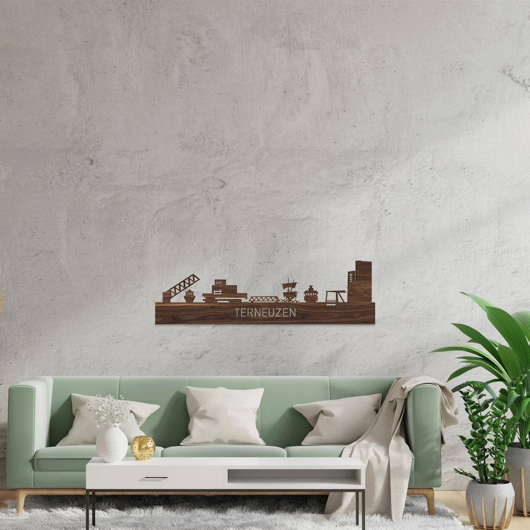 Skyline Terneuzen Noten houten cadeau decoratie relatiegeschenk van WoodWideCities