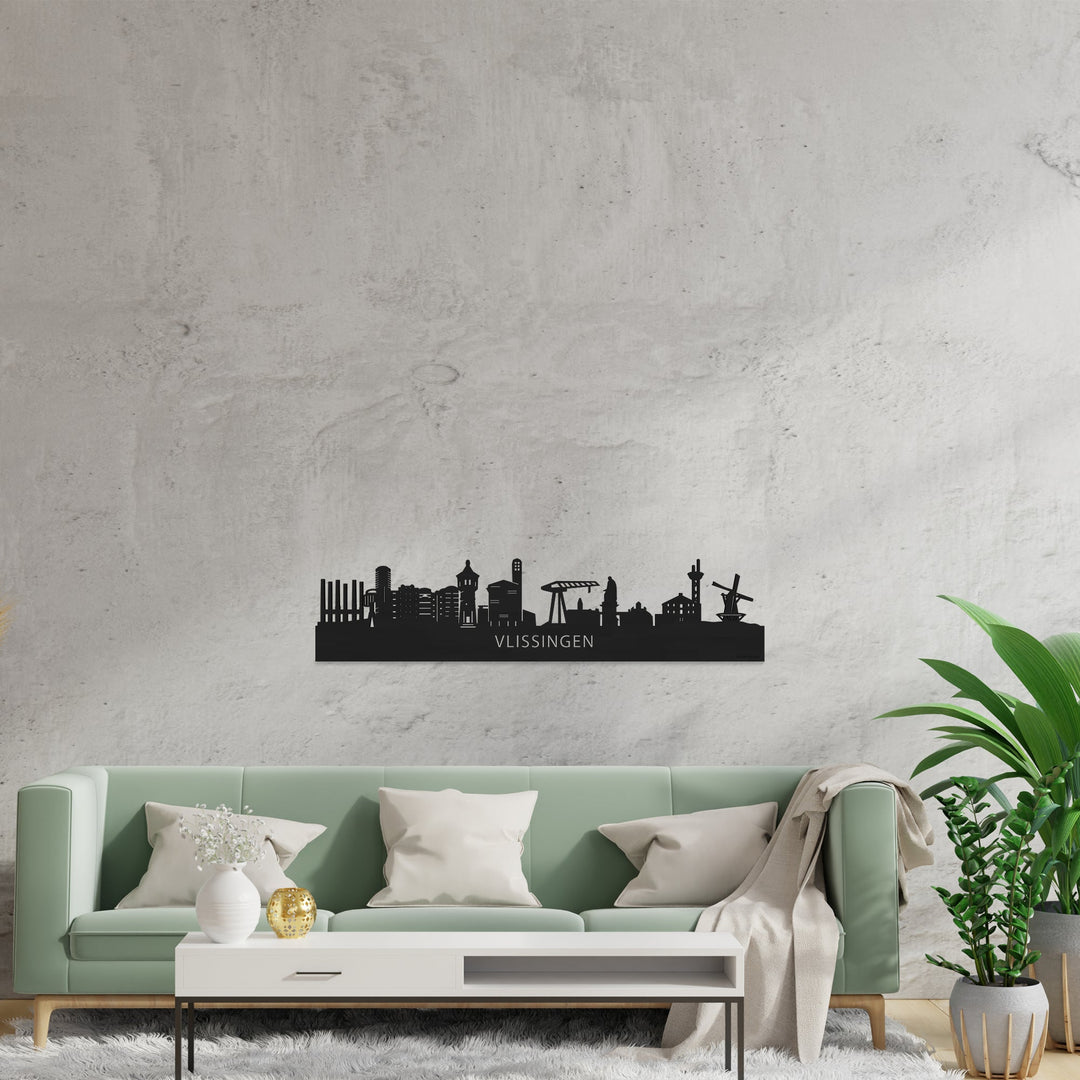 Skyline Vlissingen Zwart houten cadeau decoratie relatiegeschenk van WoodWideCities