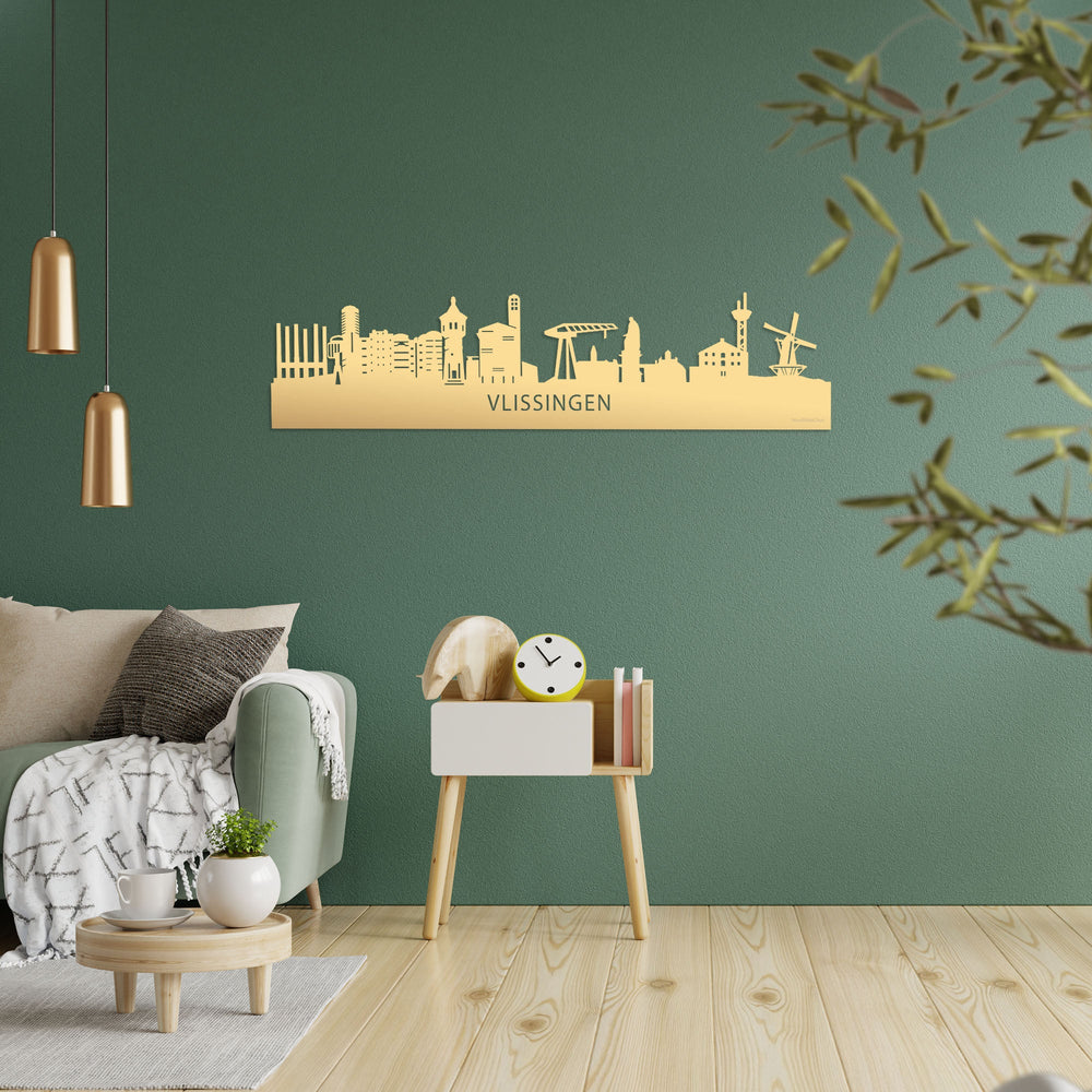 Skyline Vlissingen Metallic Goud gerecycled kunststof cadeau decoratie relatiegeschenk van WoodWideCities