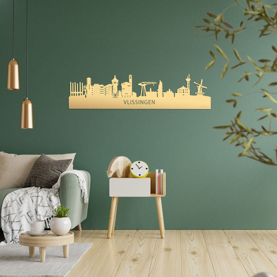 Skyline Vlissingen Metallic Goud gerecycled kunststof cadeau decoratie relatiegeschenk van WoodWideCities
