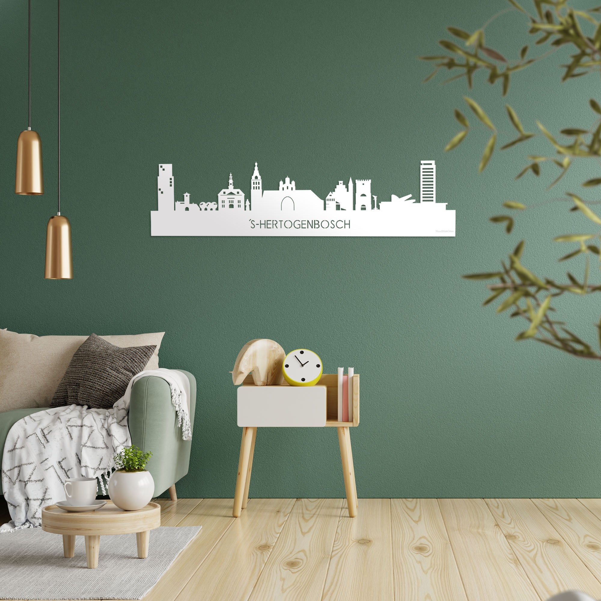Skyline 's-Hertogenbosch Wit glanzend gerecycled kunststof cadeau decoratie relatiegeschenk van WoodWideCities