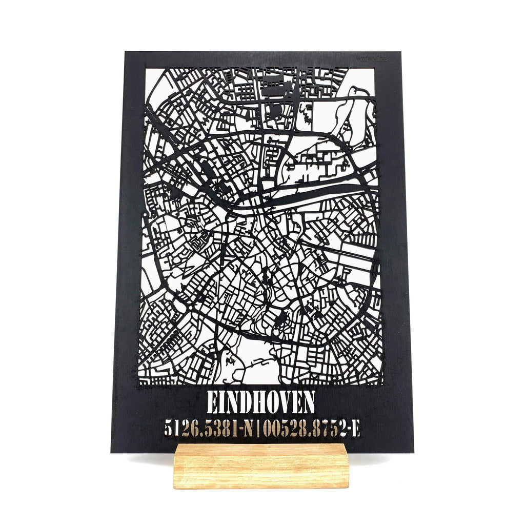 Standing Citymap Eindhoven 25x35 cm Zwart MDF houten cadeau decoratie relatiegeschenk van WoodWideCities