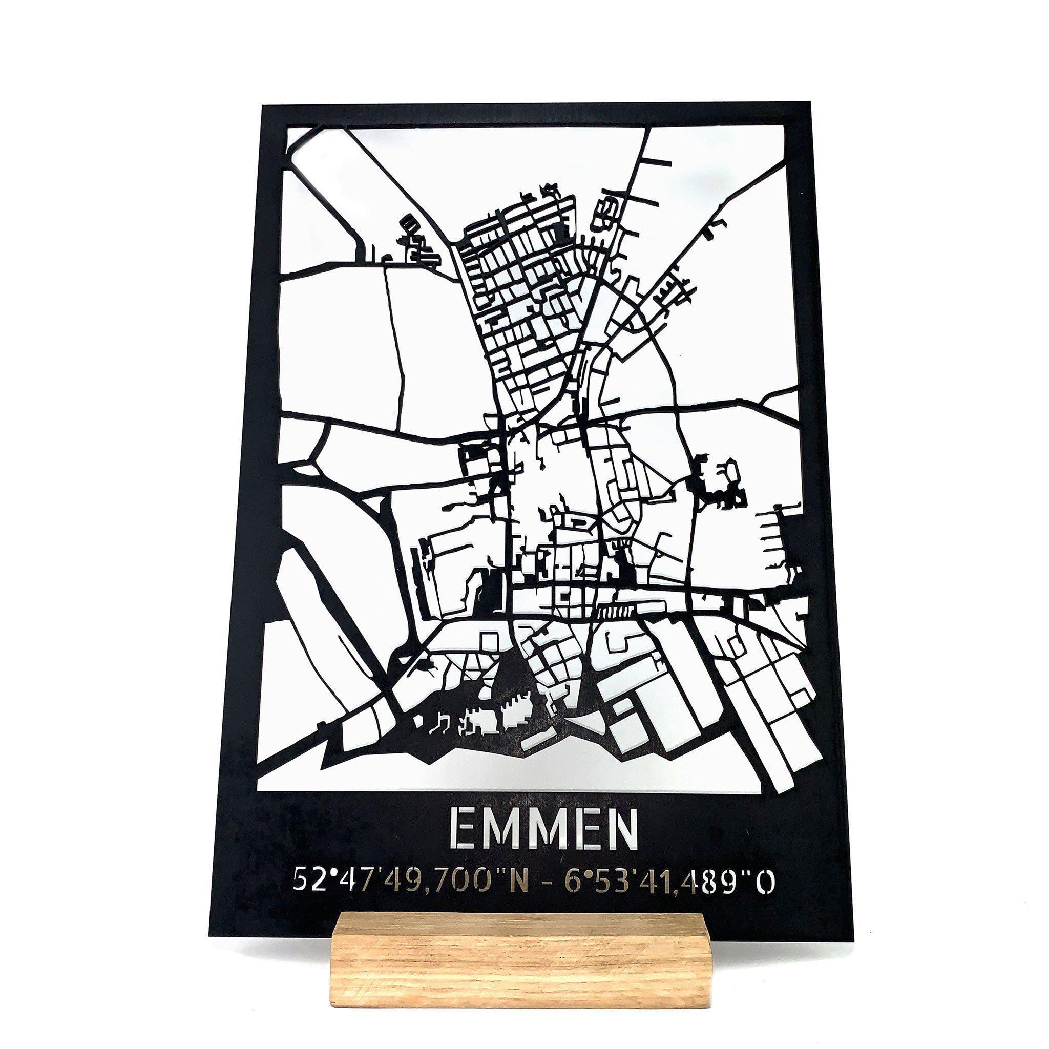 Standing Citymap Emmen 25x35 cm Zwart MDF houten cadeau decoratie relatiegeschenk van WoodWideCities