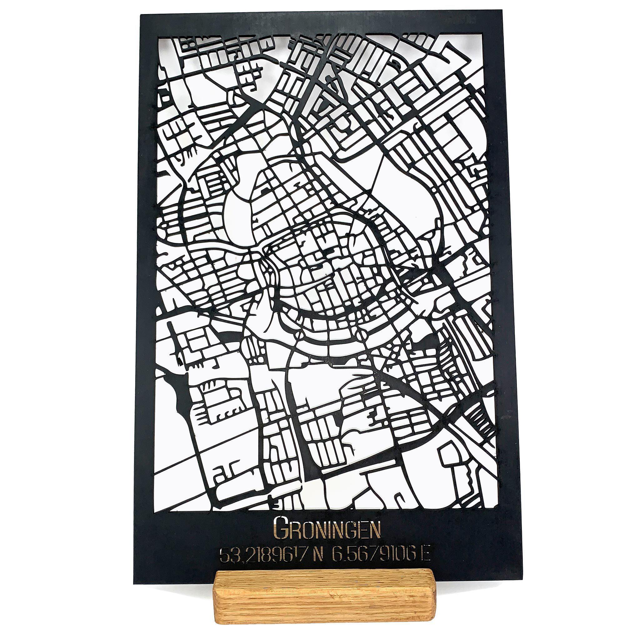Standing Citymap Groningen 25x35 cm Zwart MDF houten cadeau decoratie relatiegeschenk van WoodWideCities