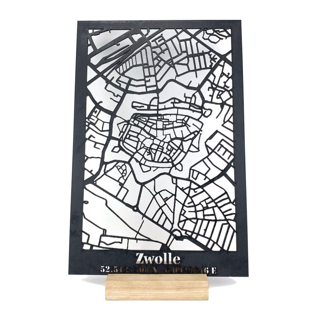 Standing Citymap Zwolle 25x35 cm Zwart MDF houten cadeau decoratie relatiegeschenk van WoodWideCities
