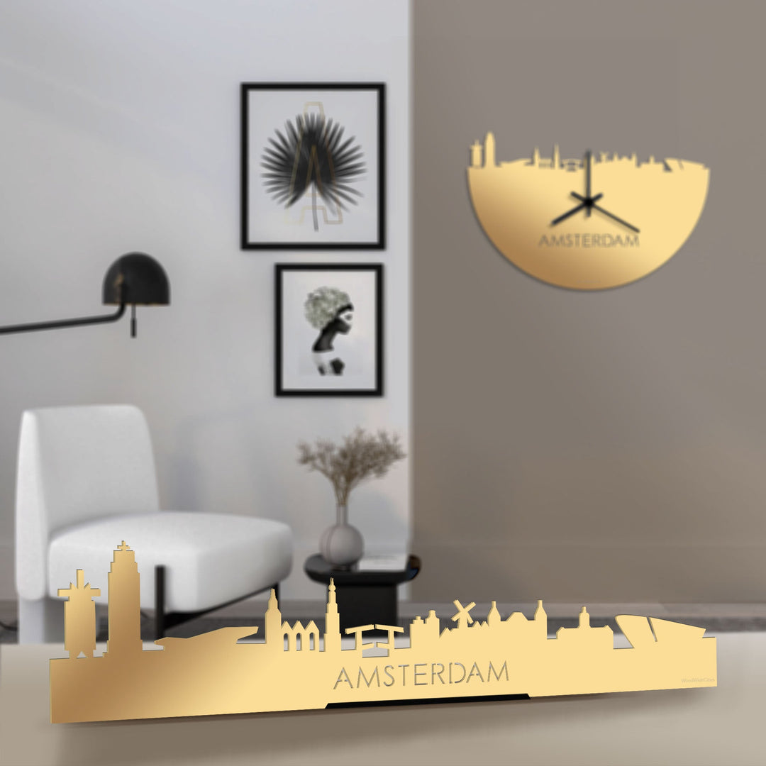 Standing Skyline Amsterdam Metallic Goud gerecycled kunststof cadeau decoratie relatiegeschenk van WoodWideCities
