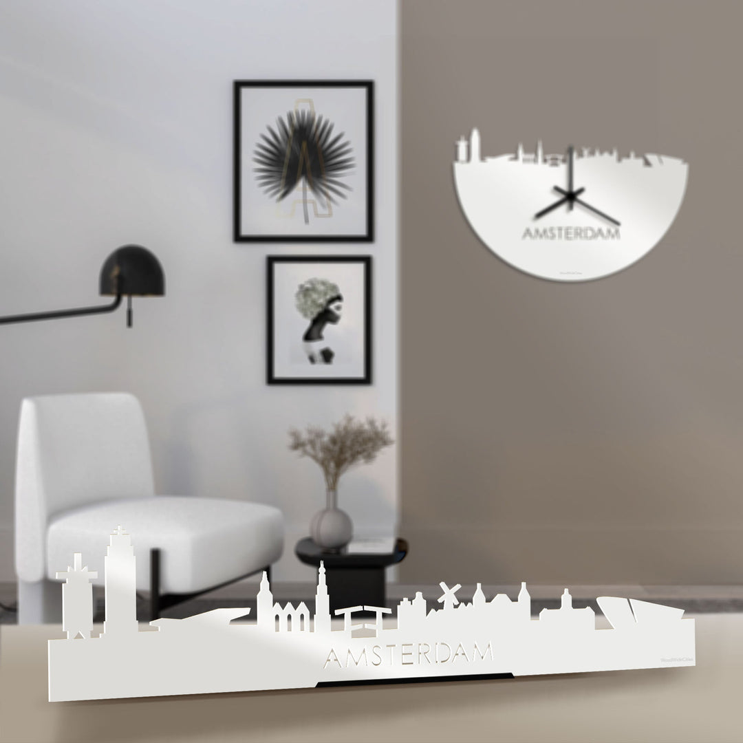 Standing Skyline Amsterdam Wit glanzend gerecycled kunststof cadeau decoratie relatiegeschenk van WoodWideCities
