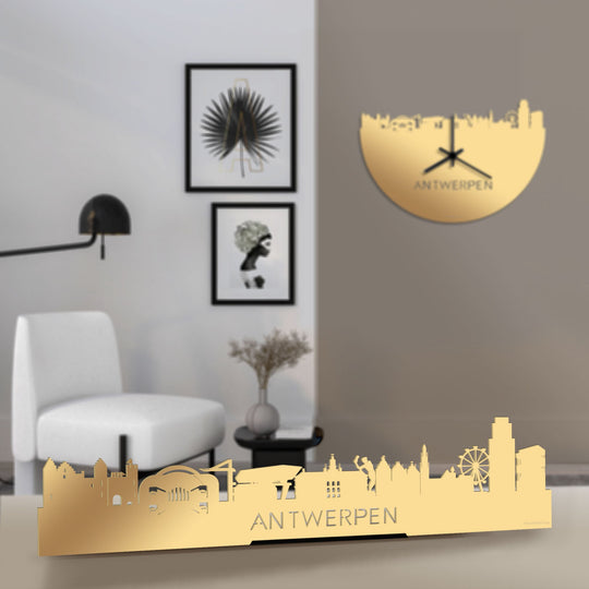 Standing Skyline Antwerpen Metallic Goud gerecycled kunststof cadeau decoratie relatiegeschenk van WoodWideCities
