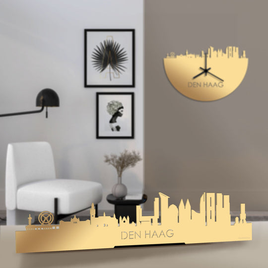 Standing Skyline Den Haag Metallic Goud gerecycled kunststof cadeau decoratie relatiegeschenk van WoodWideCities