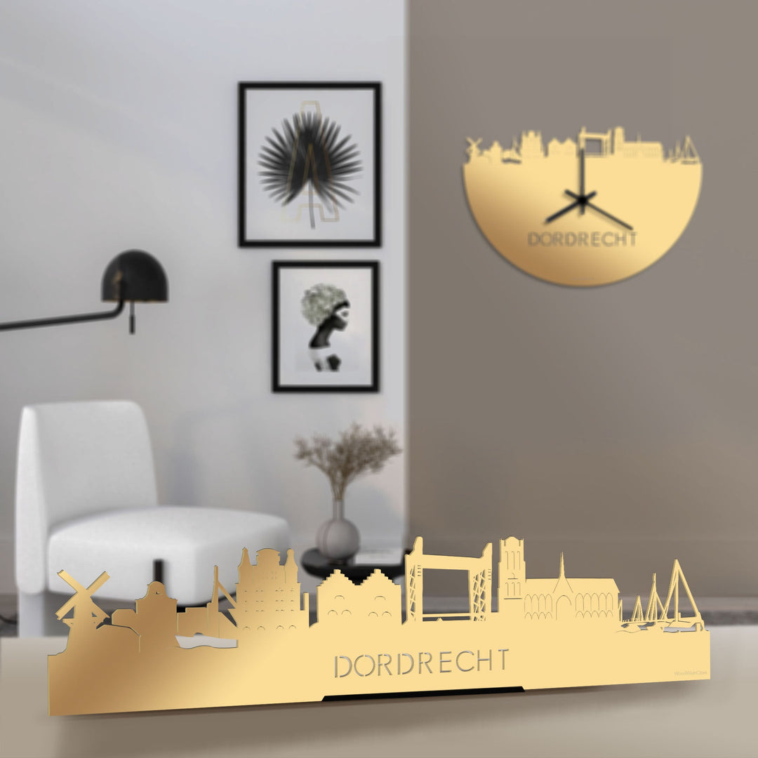 Standing Skyline Dordrecht Metallic Goud gerecycled kunststof cadeau decoratie relatiegeschenk van WoodWideCities