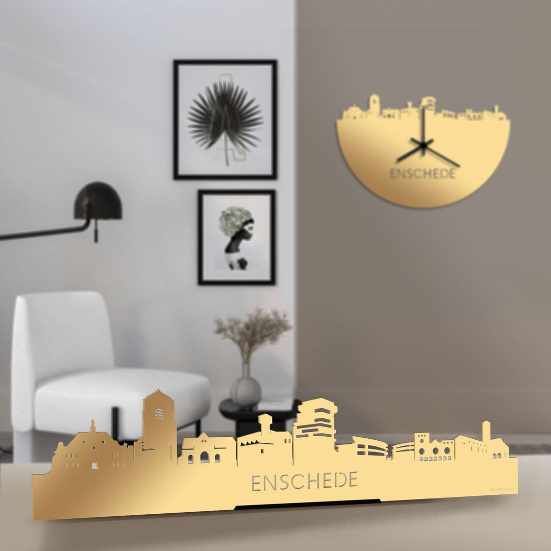Standing Skyline Enschede Metallic Goud gerecycled kunststof cadeau decoratie relatiegeschenk van WoodWideCities