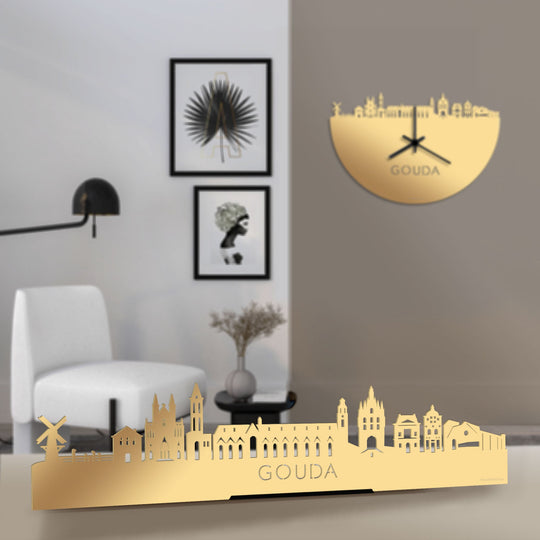 Standing Skyline Gouda Metallic Goud gerecycled kunststof cadeau decoratie relatiegeschenk van WoodWideCities