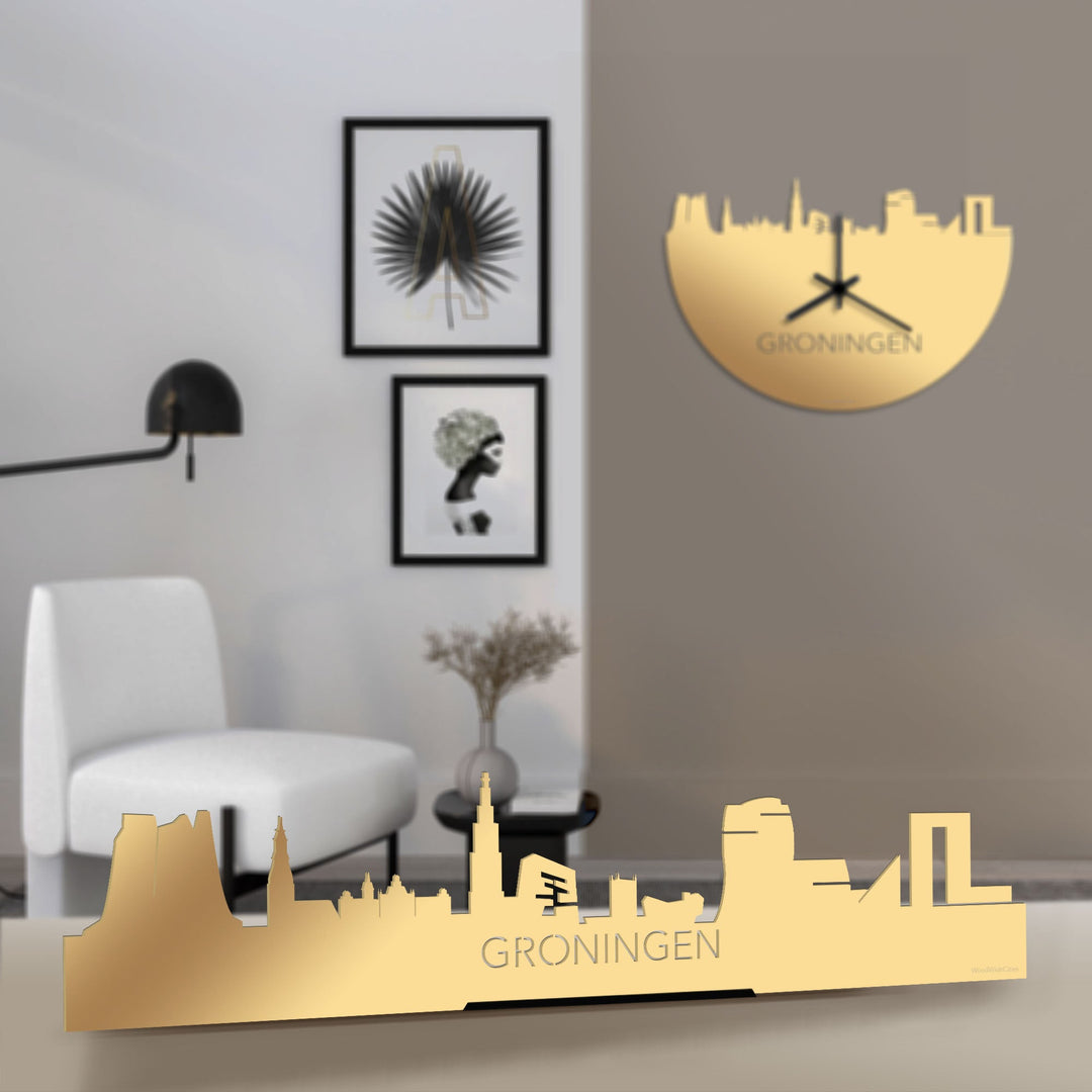Standing Skyline Groningen Metallic Goud gerecycled kunststof cadeau decoratie relatiegeschenk van WoodWideCities