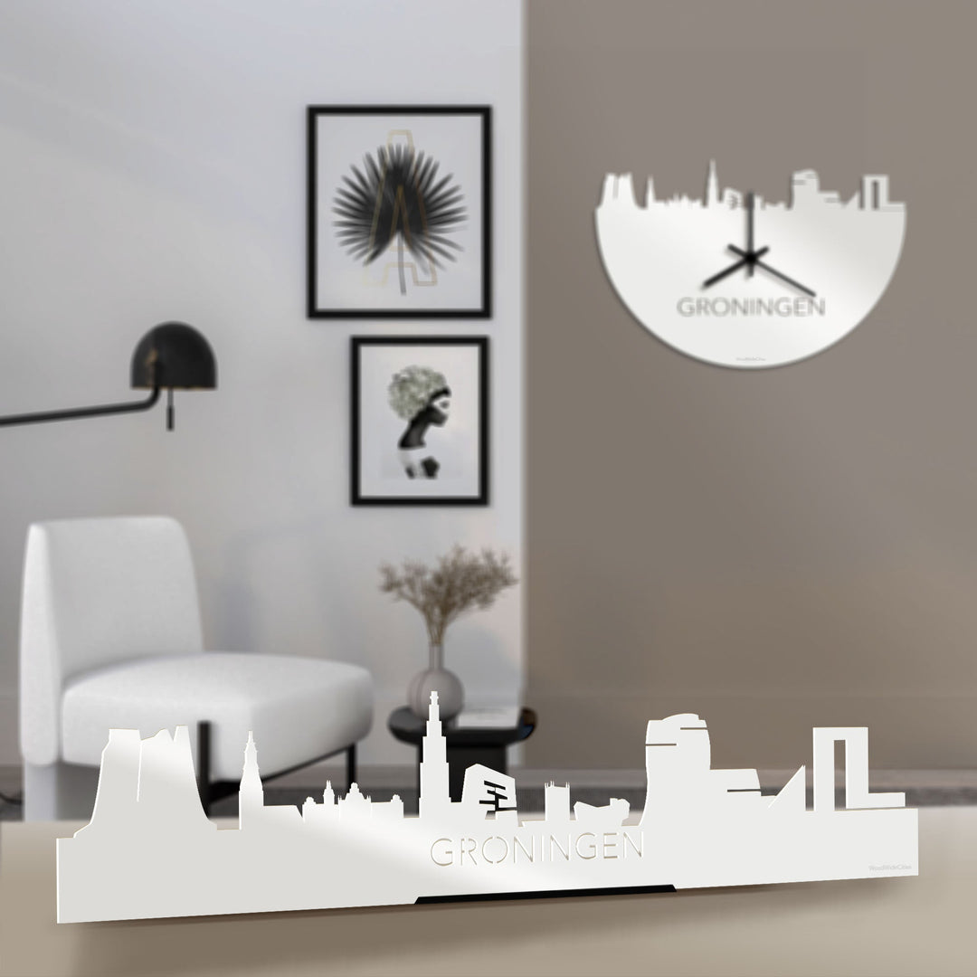 Standing Skyline Groningen Wit glanzend gerecycled kunststof cadeau decoratie relatiegeschenk van WoodWideCities