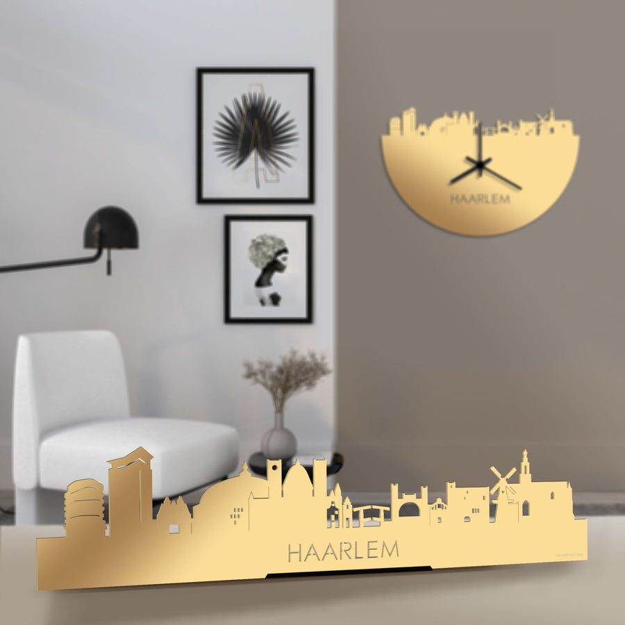 Standing Skyline Haarlem Metallic Goud gerecycled kunststof cadeau decoratie relatiegeschenk van WoodWideCities