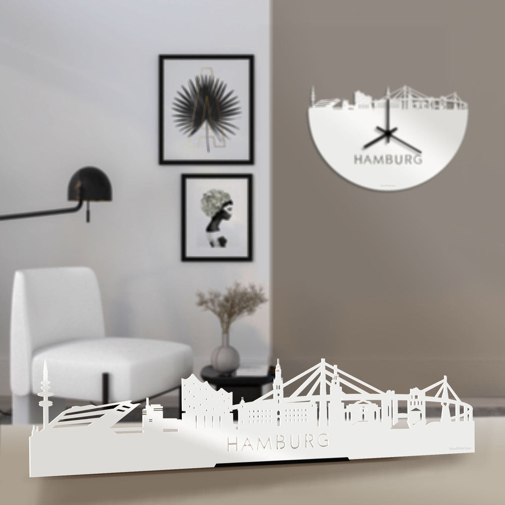 Standing Skyline Hamburg Wit glanzend gerecycled kunststof cadeau decoratie relatiegeschenk van WoodWideCities