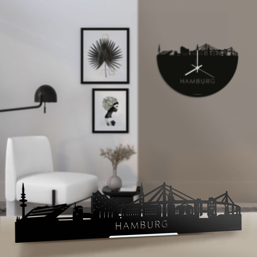 Standing Skyline Hamburg Zwart glanzend gerecycled kunststof cadeau decoratie relatiegeschenk van WoodWideCities