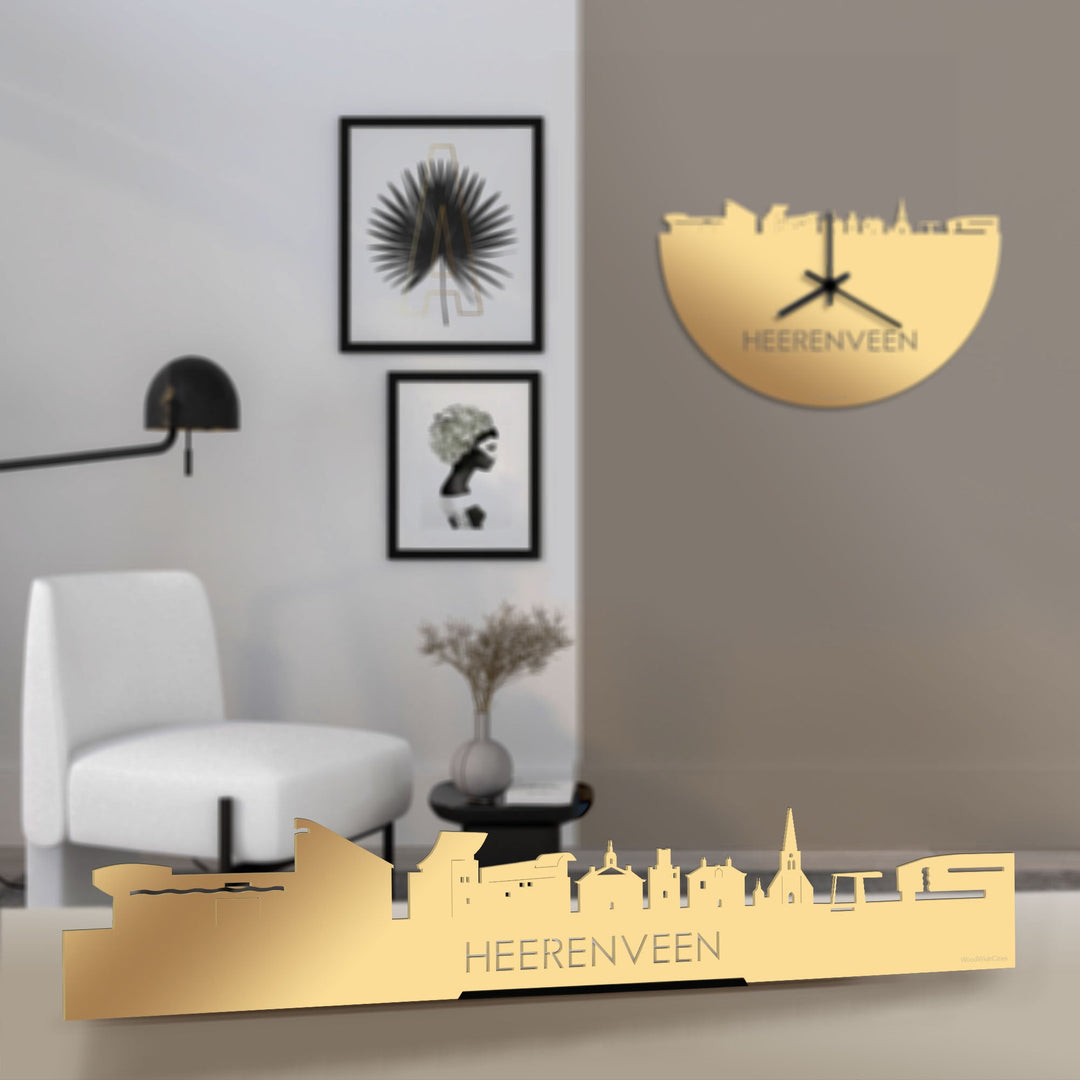 Standing Skyline Heerenveen Metallic Goud gerecycled kunststof cadeau decoratie relatiegeschenk van WoodWideCities