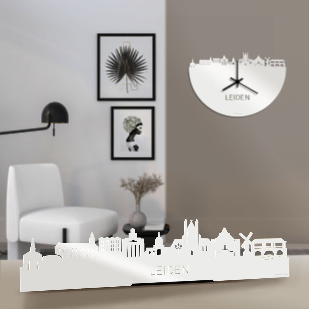 Standing Skyline Leiden Wit glanzend gerecycled kunststof cadeau decoratie relatiegeschenk van WoodWideCities