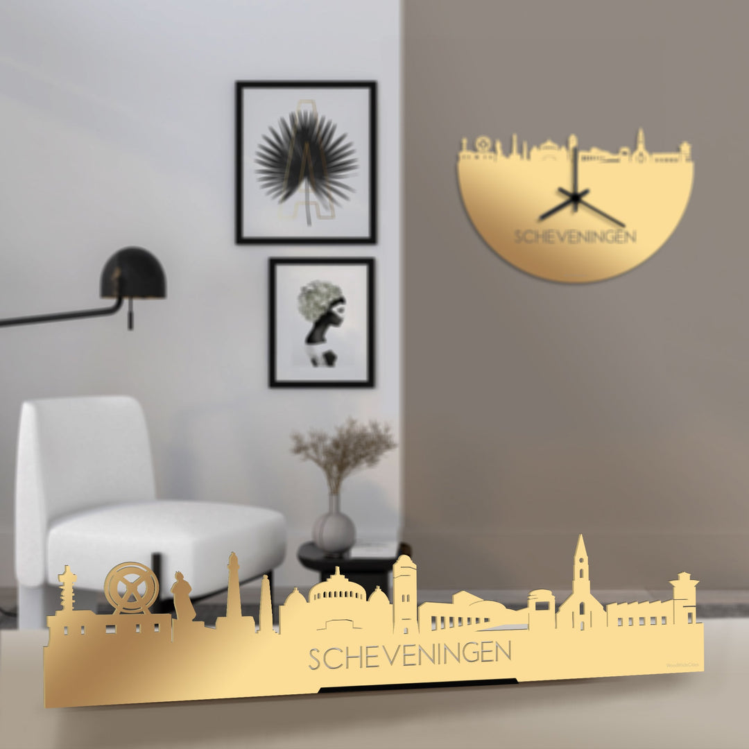 Standing Skyline Scheveningen Metallic Goud gerecycled kunststof cadeau decoratie relatiegeschenk van WoodWideCities