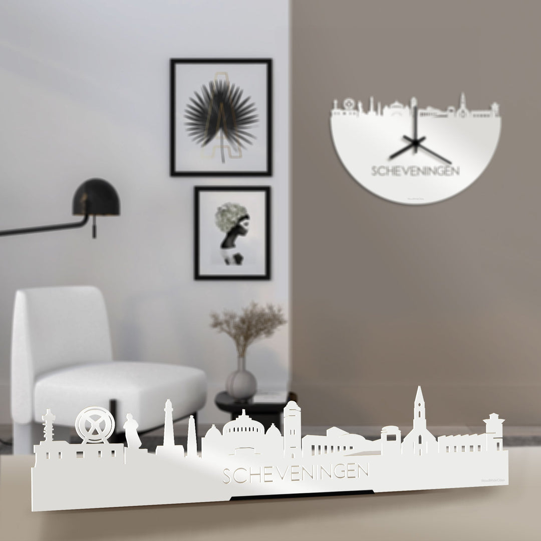 Standing Skyline Scheveningen Wit glanzend gerecycled kunststof cadeau decoratie relatiegeschenk van WoodWideCities