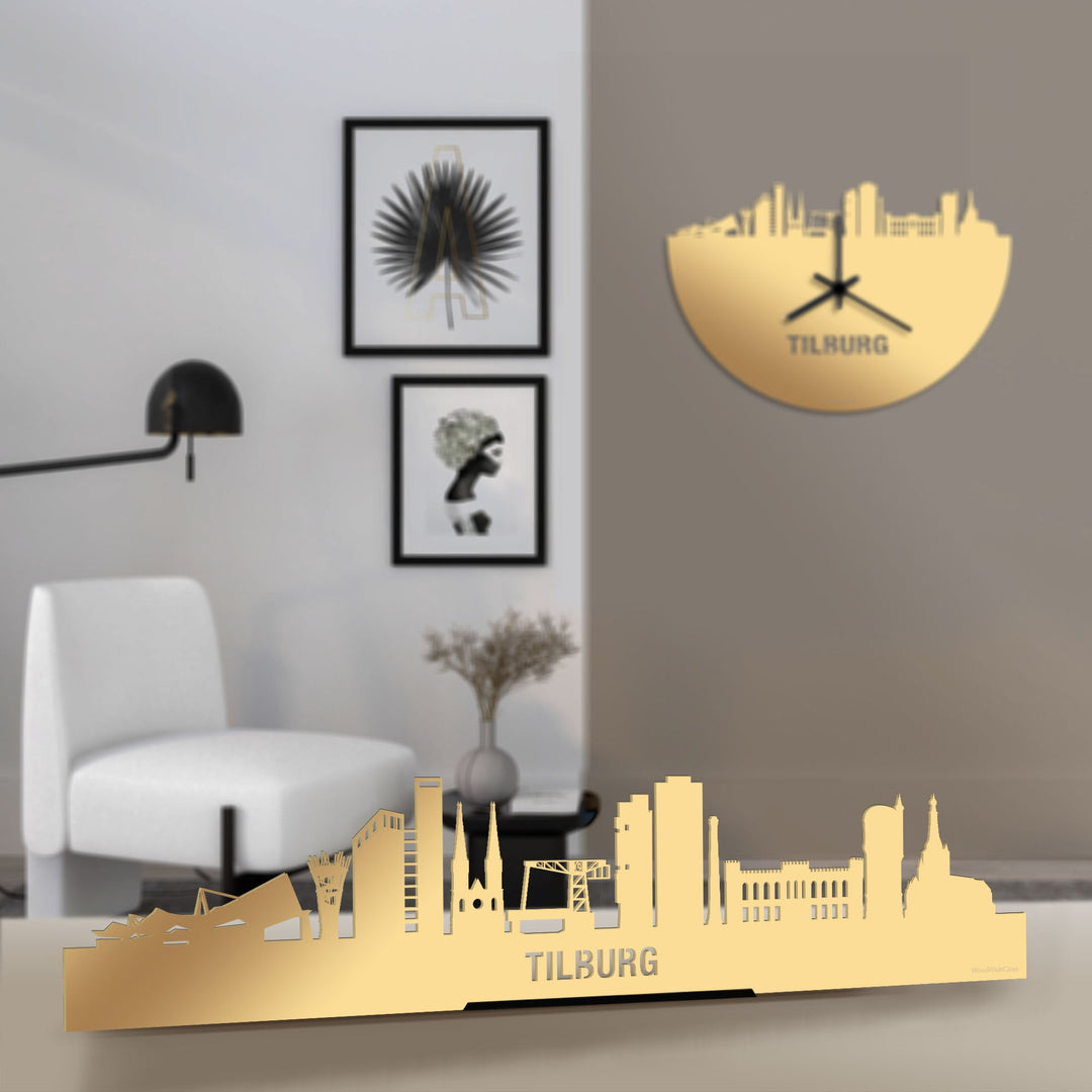 Standing Skyline Tilburg Metallic Goud gerecycled kunststof cadeau decoratie relatiegeschenk van WoodWideCities