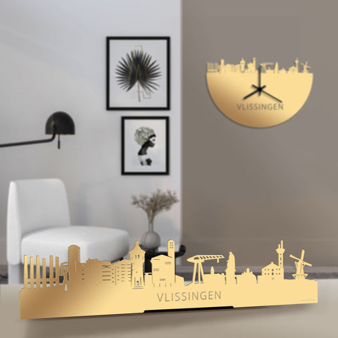 Standing Skyline Vlissingen Metallic Goud gerecycled kunststof cadeau decoratie relatiegeschenk van WoodWideCities