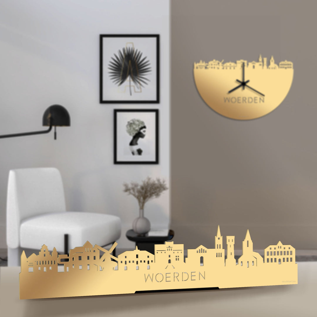 Standing Skyline Woerden Metallic Goud gerecycled kunststof cadeau decoratie relatiegeschenk van WoodWideCities